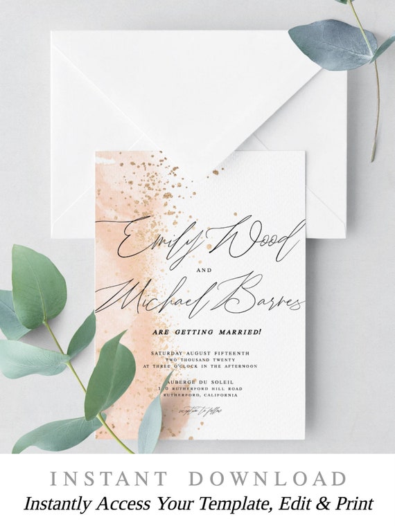 Pink Watercolor Wedding Invitation Shabby Chic Invitation Etsy