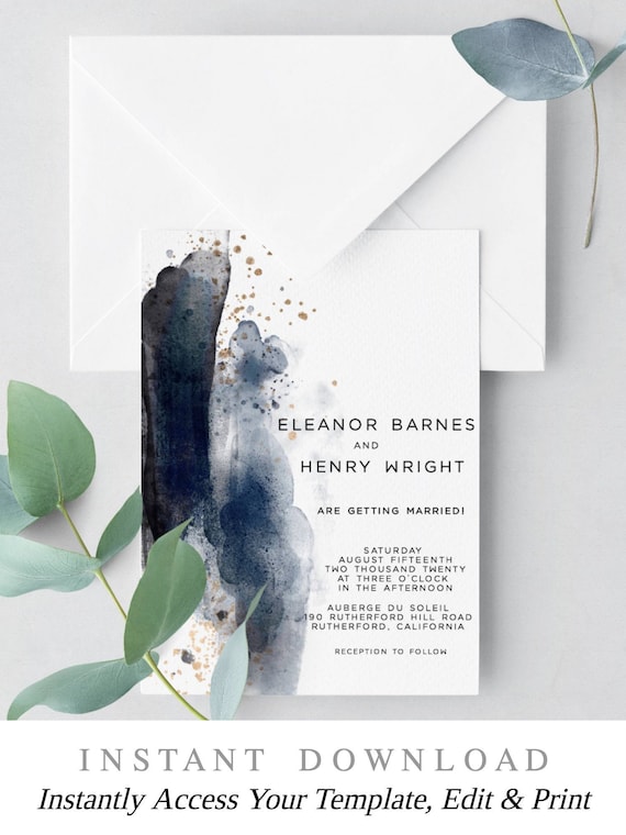 Beach Wedding Invitation Instant Download Diy Printable Wedding Invitation Template Navy Blue Wedding Invitation Gold Wedding Invite 06