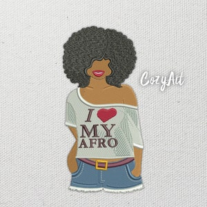 DIGITAL: Girl in &quot;I love my afro&quot; t-shirt - 5 sizes embroidery design for machine embroidery (315)