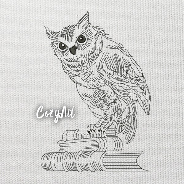 DIGITAL: Smart Old Owl Sketch (outline) - 4 sizes embroidery design for machine embroidery (27)