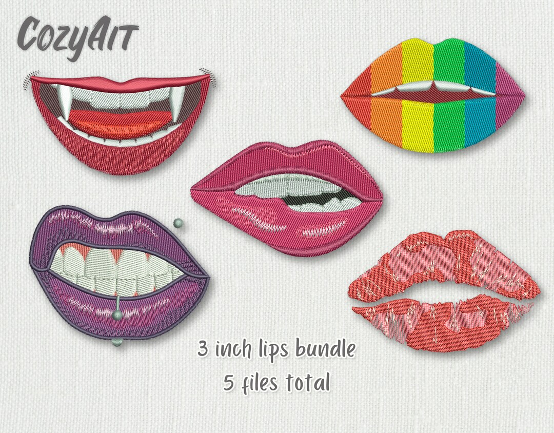 DIGITAL: Creative Lips or Mouth 3 Inch Wide Each - Pack of 5 Embroidery ...
