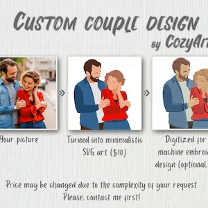 以下が含まれることがあります： ミニマルなスタイルのカップルを描いたデジタルイラスト。カップルは寄り添って立っており、女性の腕は男性の腰に回っています。男性は青いシャツを着ており、女性は赤いシャツを着ています。イラストは、デジタルSVGファイルで10ドル、またはデジタル化された刺繍デザインで17ドルで購入できます。