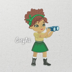 DIGITAL:  Girl Scout with binoculars curly hair and hair bow - 4 sizes embroidery design for machine embroidery (403)