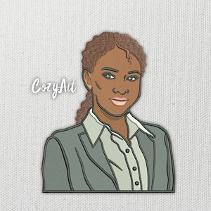 May include: A digital illustration of a woman with brown skin wearing a gray suit jacket over a white collared shirt. She has brown hair pulled back in a ponytail. The background is a light gray canvas texture.