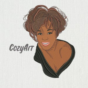 May include: Embroidered portrait of a woman with short, brown hair. She is wearing a black, low-cut top and smiling. The text "CozyAit" is in the lower left corner of the image.