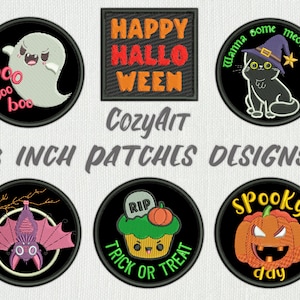 Könnte beinhalten: Set mit 10 Halloween-Stickmotiven für 7,6 cm große Patches. Die Motive umfassen einen Geist, eine Fledermaus, einen Kürbis, eine Katze und einen Cupcake. Die Motive sind in Schwarz, Weiß, Orange, Grün und Pink gehalten.