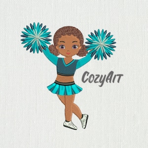 May include: A cartoon illustration of a girl cheerleader with brown hair and a blue and white uniform holding two blue and white pom-poms. The text "CozyAit" is in the background.
