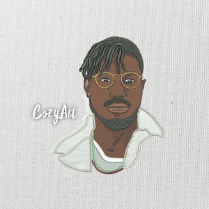 May include: A digital illustration of a person with short, dark hair, wearing round, gold-rimmed glasses and a white shirt. The person has a beard and a gold chain necklace. The background is a light grey canvas texture. The text "CozyAit" is written in green cursive below the person's head.