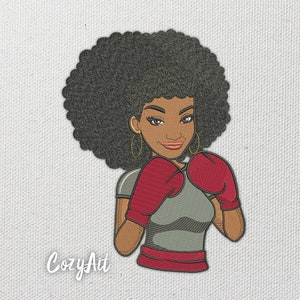 May include: A cartoon illustration of a woman with an afro hairstyle wearing red boxing gloves. She is wearing a grey shirt and a red belt. The background is a white canvas.