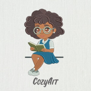 May include: A cartoon illustration of a girl with brown curly hair wearing glasses and a blue dress, sitting and reading a green book. The text "CozyAit" is below the girl.