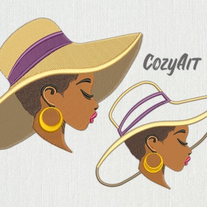 May include: Two illustrations of women wearing large, wide-brimmed straw hats with purple ribbon bands. Both women have brown skin, closed eyes, and are wearing large gold hoop earrings.