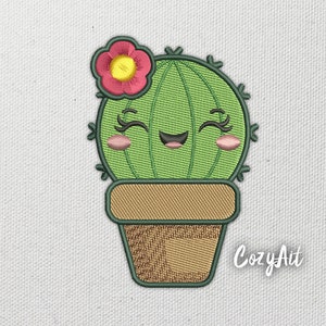 May include: A green cactus with a smiling face and pink cheeks, wearing a pink flower on top, is potted in a brown pot. The cactus is in a cartoon style and has a happy expression.