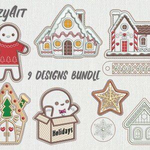 May include: A set of nine embroidery designs featuring gingerbread houses, a gingerbread man, a snowflake, a star, and a gift box. The designs are perfect for creating festive holiday decorations.