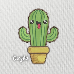 May include: Embroidered patch of a smiling cactus with a pink tongue sticking out. The cactus is green with brown outlines and is in a yellow pot. The text "CozyArt" is in the lower left corner.