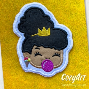 May include: Embroidered patch of a cartoon girl with black hair, a gold crown, and a purple bubble. She holds an ice cream cone. The patch has a white border and the text "CozyAit".