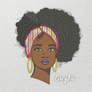 May include: Embroidered design of a woman with dark curly hair wearing a colorful striped headband and large gold hoop earrings. The design is on a white fabric background. The text "CozyAit" is below the design.