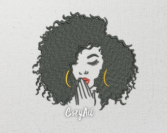 DIGITAL: Silhouette Praying Woman curly hair - 4 sizes embroidery design for machine embroidery (350)