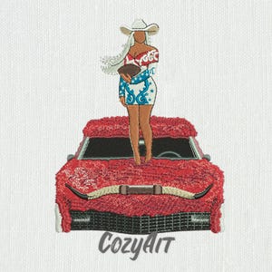 May include: Embroidered design featuring a woman in a cowboy hat and dress, holding a football, standing on a red car with longhorn accents. The car and figure are rendered in a textured, stitched style. The text "Cozy Art" is at the bottom.
