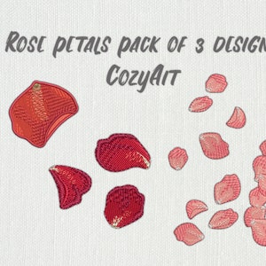 May include: Three embroidery designs of rose petals. The designs are in different styles and colours, including red, pink, and white. The text "ROSE PETALS PACK OF 3 DESIGNS CozyAit" is at the top of the image.
