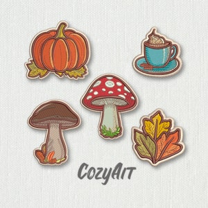 DIGITAL: 20% OFF Autumn attributes with two satin borders, mug, leaf, mushroom - pack of 5 embroidery designs in 2-3" different sizes (568)