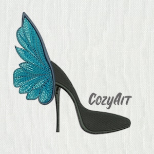 May include: Black high heel shoe with a blue butterfly wing design. The shoe has a pointed toe and a thin heel. The text "CozyAit" is written in grey below the shoe.