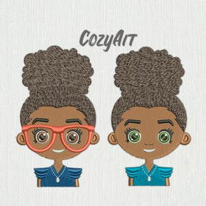 DIGITAL: African american girl in glasses and without - 4 sizes embroidery design for machine embroidery (75, 35)
