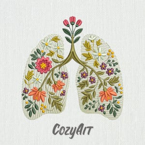 Puede incluir: Diseño bordado de pulmones llenos de flores coloridas en tonos rosa, naranja, blanco y morado, con hojas y tallos verdes. El texto "CozyArt" está en una fuente de escritura en la parte inferior. El diseño está sobre un fondo blanco.