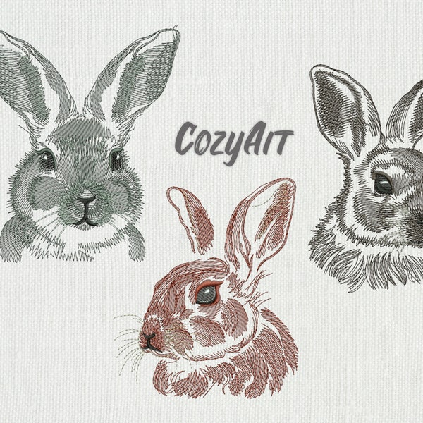 DIGITAL: 20% OFF sketch style rabbits 2023 year symbol Bundle - pack of 3 embroidery designs (four sizes each) for machine embroidery