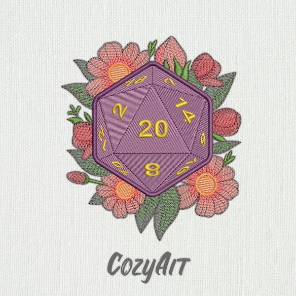 DIGITAL:  DND d20 dice with watercolor style flowers - 3 sizes embroidery design for machine embroidery (379)