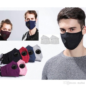 May include: Collection of face masks in various colors, including black, red, blue, and gray. Each mask features a black valve and adjustable ear loops. The image also shows a person wearing a black mask and two filter replacements.