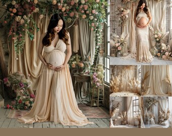 12x Boho Backdrops | Boho Floral Pampas Digital Backgrounds | Maternity Wedding Engagement Photoshop Studio Fine Art Textures Composite