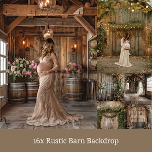 Puede incluir: Una colección de fondos rústicos de granero. La imagen principal presenta a una persona embarazada con un vestido de encaje beige, en un entorno de granero con barriles de madera y flores rosas. Imágenes adicionales muestran varias escenas temáticas de granero con arreglos florales y luces de cadena. Texto: 16x Rustic Barn Backdrop.