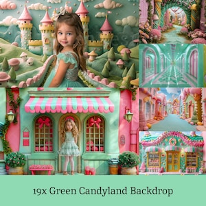 19x Green Candyland Backdrop | Castle Store Street Digital Backgrounds | Kids Photography Photoshop Studio Fine Art Textures Composite