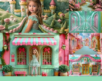 19x Green Candyland Backdrop | Castle Store Street Digital Backgrounds | Kids Photography Photoshop Studio Fine Art Textures Composite