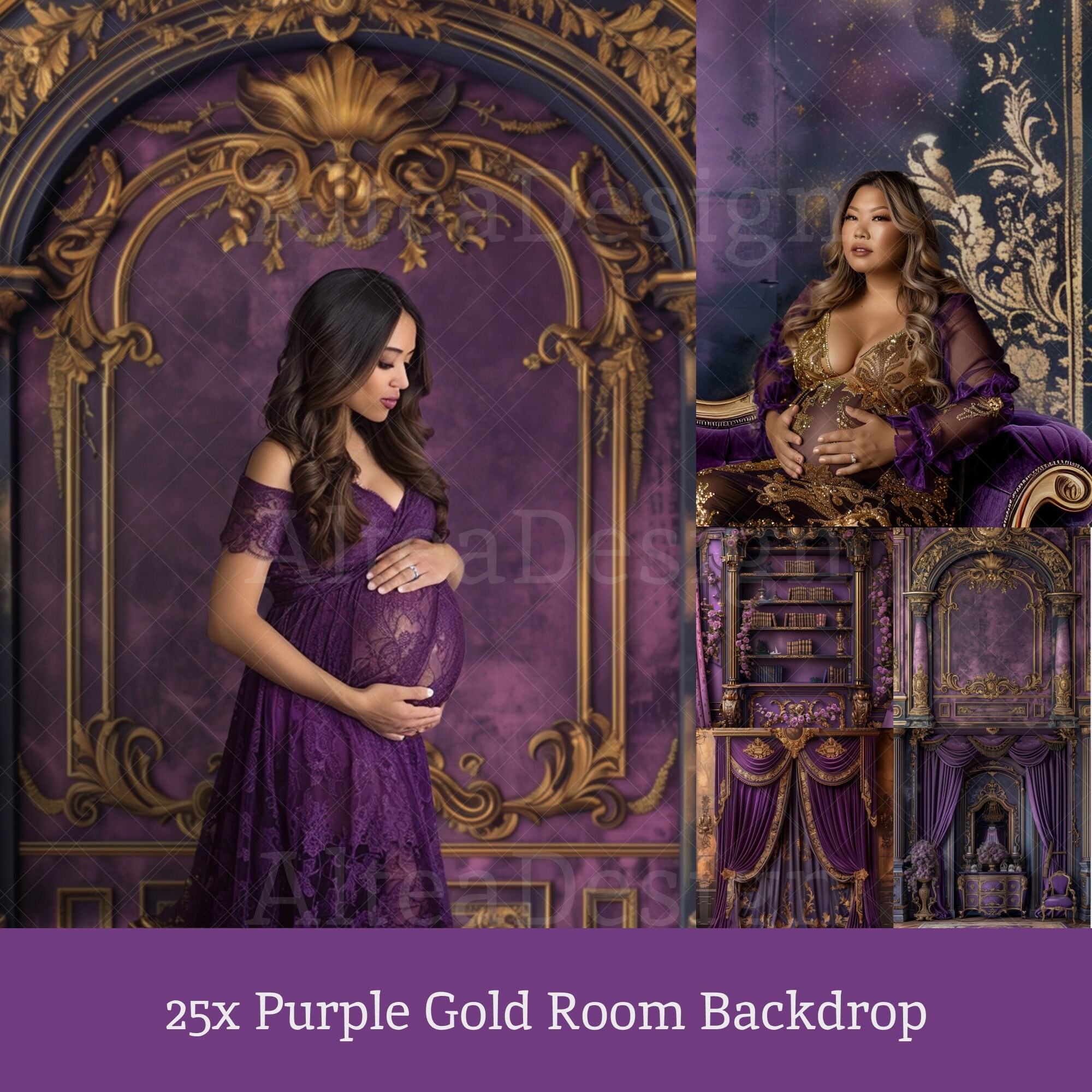25x Purple Gold Room Backdrops | Royal Purple Room Digital Backgrounds | Maternity Wedding Photoshop Studio Fine Art Textures Composite