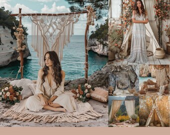 12x Boho Backdrops | Boho Mountain Teepee Beach Digital Backgrounds | Maternity Wedding Photoshop Studio Fine Art Textures Composite