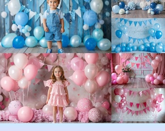 18x BLue Pink Party Backdrop | Balloon Flag Birthday Digital Backgrounds | Kids Baby Photography Photoshop Studio Textures Composite