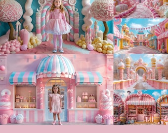 17x Fantasy Candyland Backdrop | Castle Store Street Digital Backgrounds | Kids Photography Photoshop Studio Fine Art Textures Composite