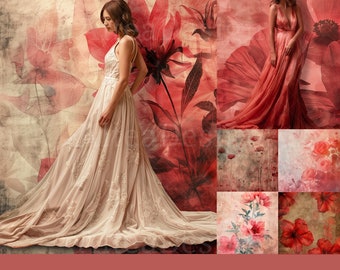 15x Red Floral Digital Backdrops | Pastel Floral Backgrounds | Maternity Wedding Photoshoot Photoshop Fine Art Textures Composite Backdrop