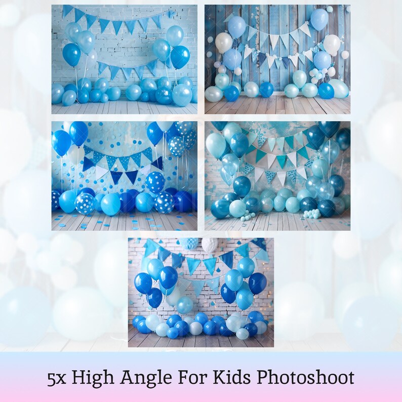18x Blue Pink Party Backdrop | Balloon Flag Birthday Digital ...