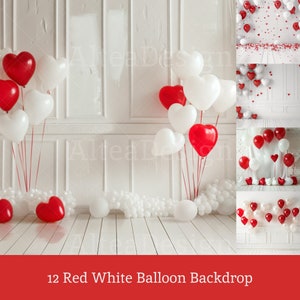 May include: A white backdrop with red and white heart-shaped balloons. The balloons are arranged in a cluster on the left side of the image and in a cascade on the right side. The backdrop is decorated with white wainscoting.