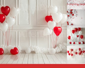 12x Red White Balloon Party Backdrop | Balloon Flag Birthday Digital Backgrounds | Kids Baby Photography Photoshop Studio Textures Composite