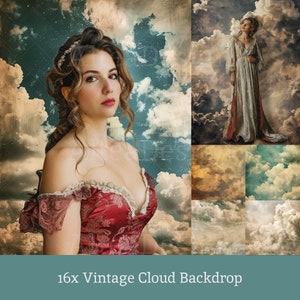 May include: A collage of 16 vintage cloud backdrops featuring a woman in a red and white dress in the foreground. The clouds are in various shades of blue, grey, and white.