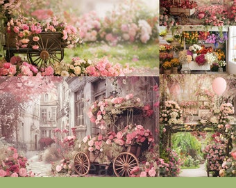 20x Fantasy Flower Cart Backdrop | Floral Store Street Digital Backgrounds | Kids Photography Photoshop Studio Fine Art Textures Composite