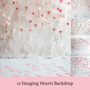 12x Hanging Hearts Backdrop | Pink Paper Hearts Digital Backgrounds | Kids Baby Party Photography Photoshop Studio Textures Composite