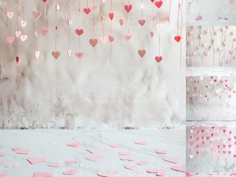 12x Hanging Hearts Backdrop | Pink Paper Hearts Digital Backgrounds | Kids Baby Party Photography Photoshop Studio Textures Composite