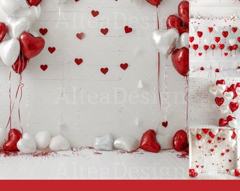 12x Hearts Balloon Backdrop | Balloon Party Flag Birthday Digital Backgrounds | Kids Baby Photography Photoshop Studio Textures Composite