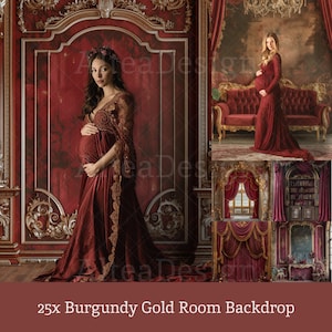 25x Burgundy Gold Room Backdrops | Royal Burgundy  Room Digital Backgrounds | Maternity Wedding Photoshop Studio Fine Art Textures Composite