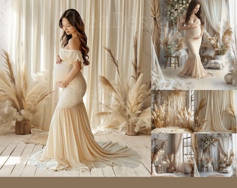 12x Boho Backdrops | Boho Ivory Pampas Digital Backgrounds | Maternity Wedding Engagement Photoshop Studio Fine Art Textures Composite