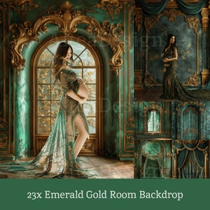 May include: A digital backdrop featuring a green and gold room with ornate details. The room has a large arched window, a staircase, and a doorway. The backdrop is ideal for photography and can be used for a variety of purposes.